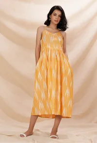 Yellow Slip Flared Cotton Ikkat Dress image 1