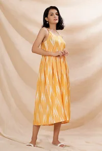 Yellow Slip Flared Cotton Ikkat Dress image 2