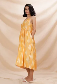 Yellow Slip Flared Cotton Ikkat Dress image 3