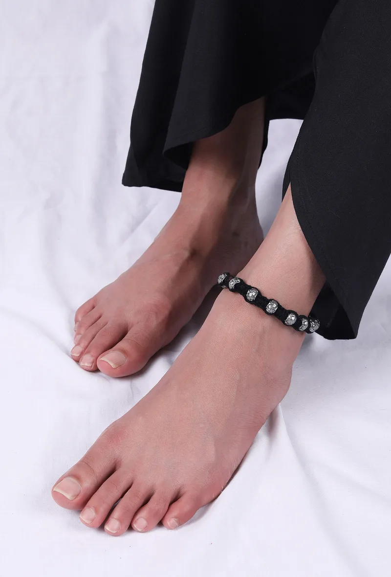 Set Of 2: Aiza Black Thread & Antique Plated Brass Beaded Anklets