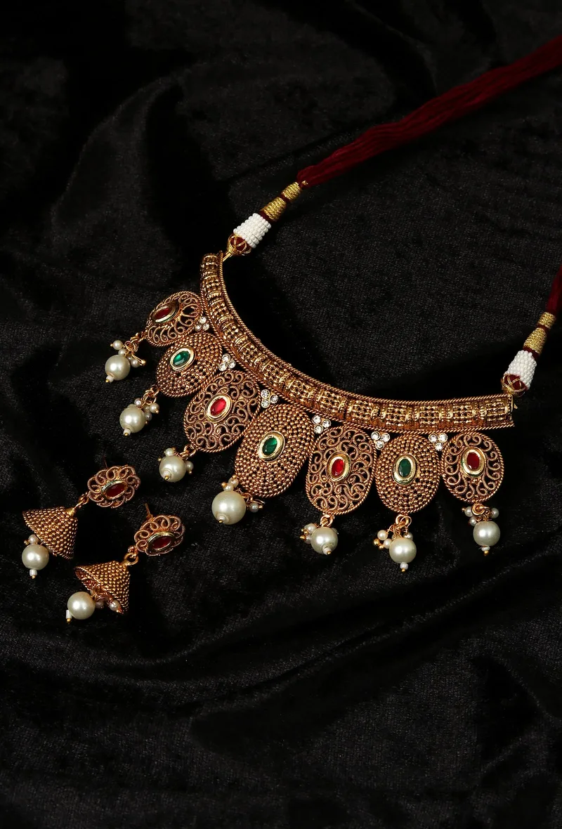 Trishika Temple Heritage Kemp Necklace Set with Pearls