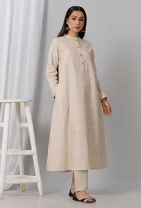 Set of 2: Beige A Line Khadi Kurta With Pant image 2