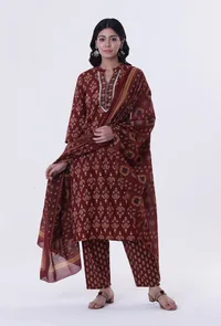 Red & Multicolor Cotton Block Printed Dupatta image 1