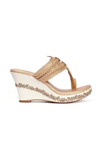 Zarina Golden Hand Embroidered Braided One Toe Wedges image 5