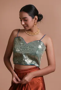 Green Color Raw Silk Sitara Work Blouse image 2