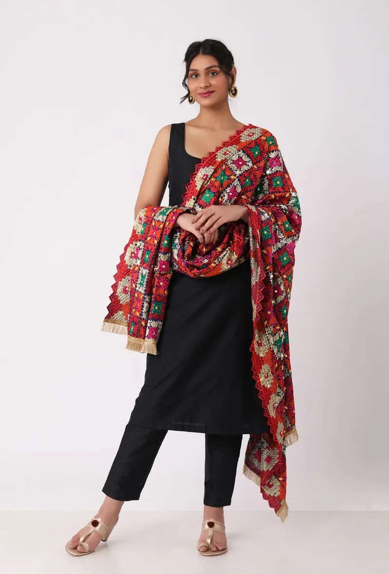 Maroon allover embriodred phoolkari dupatta