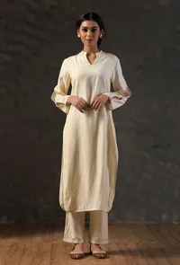 Beige Button Break Sleeve Kurta image 1