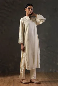 Beige Button Break Sleeve Kurta image 3