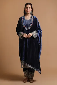Set Of 3: Moody Blue Kashmiri Tilla Embroidery Phiran With Pant and Dupatta-Free Size image 1