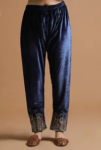 Set Of 3: Moody Blue Kashmiri Tilla Embroidery Phiran With Pant and Dupatta-Free Size image 6