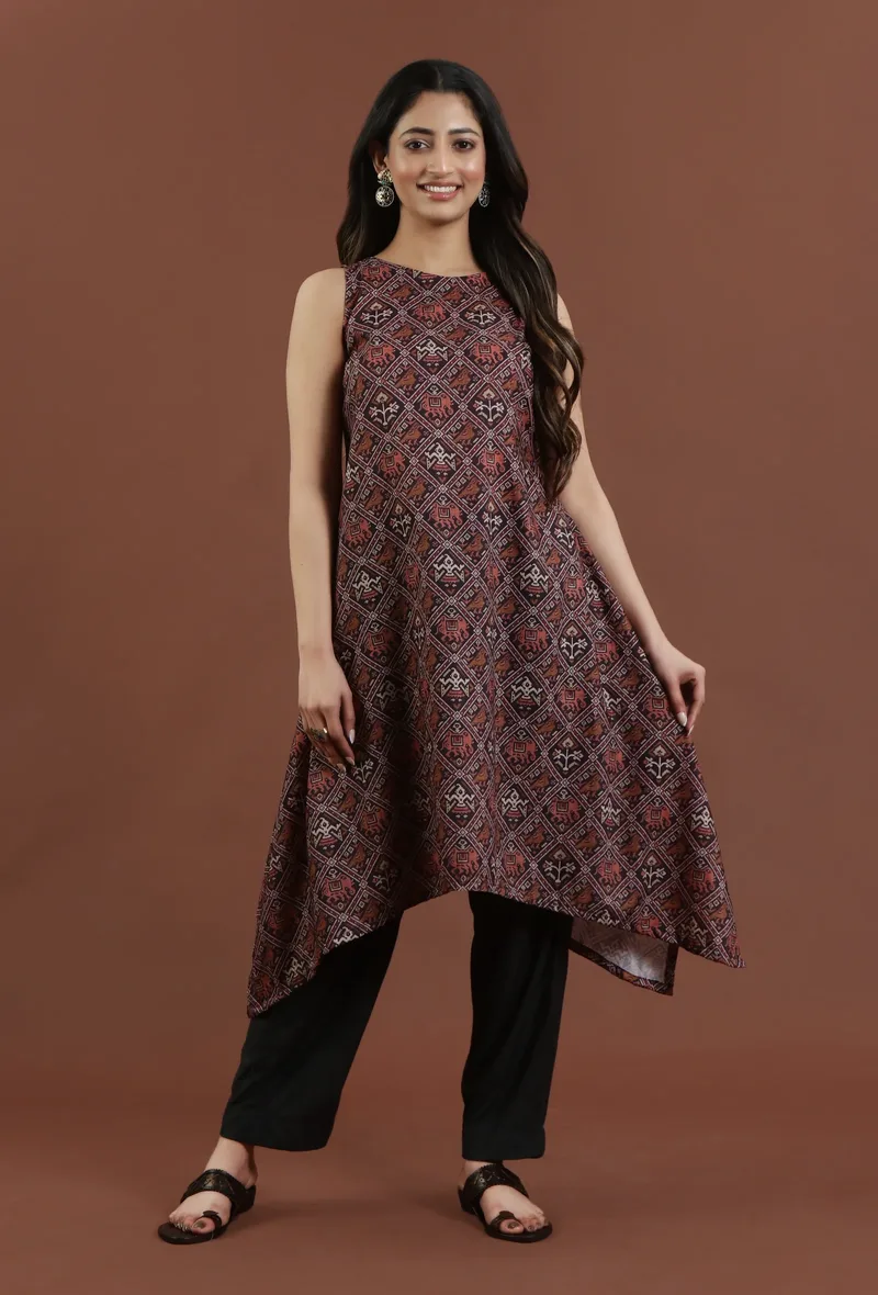 Deep Maroon Patola Printed Tussar Silk Asymmetric Kurta with Black Shantoon Straight Pant Set