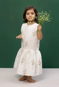 White Cotton Slub Block Printed Gathered Dress image 2