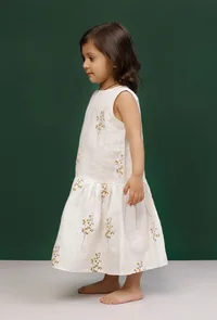 White Cotton Slub Block Printed Gathered Dress image 3