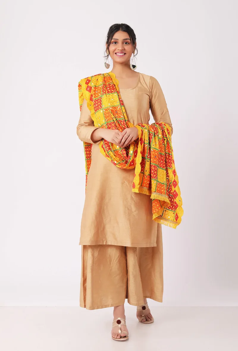 Mustard allover embriodred phoolkari dupatta