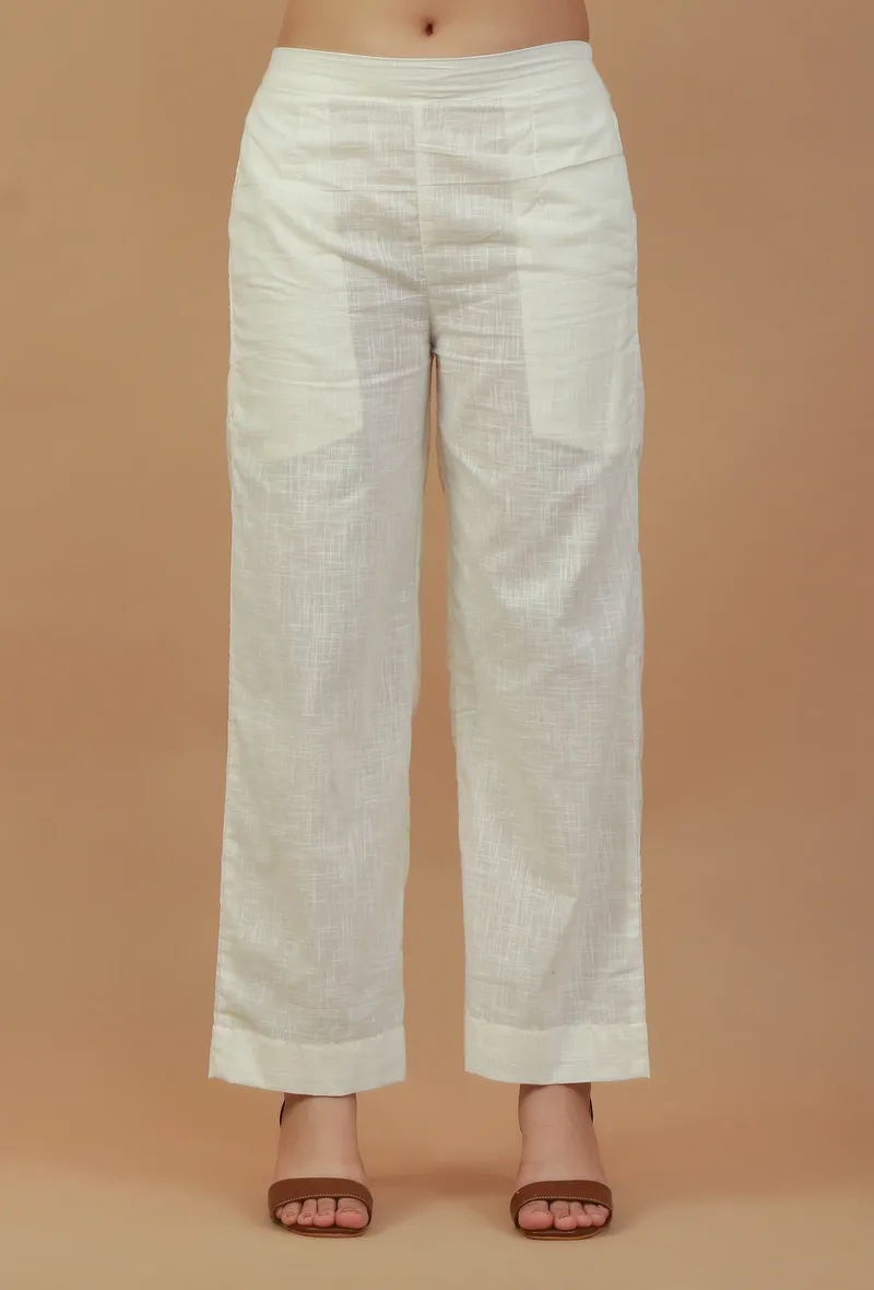 Solid White Straight Cotton Pants