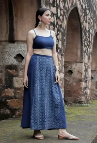 Set Of 2:Vama Indigo Blue Bustier Top & Printed-Solid Palazzo Pants image 2