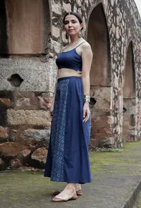 Set Of 2:Vama Indigo Blue Bustier Top & Printed-Solid Palazzo Pants image 3