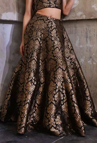 Black Banarasi Jacquard Kalidar Flared Skirt With Tassels image 1