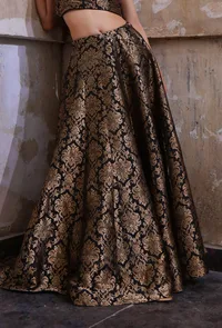 Black Banarasi Jacquard Kalidar Flared Skirt With Tassels image 3