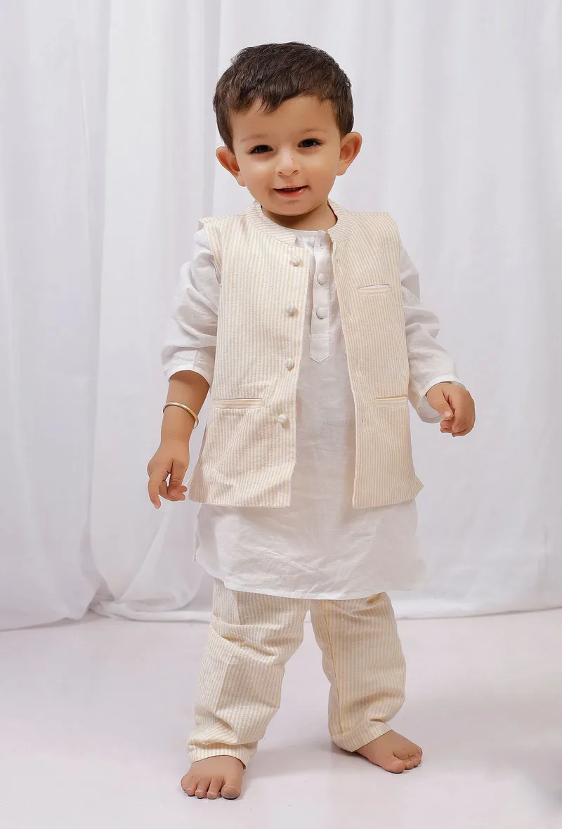 Set of 3: White Cotton Kurta and Pajama with Yellow Striped Nehru Jacket