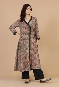 Baagh Hand Block Printed Angrakha Kurta with Lace Accents image 1