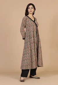 Baagh Hand Block Printed Angrakha Kurta with Lace Accents image 3