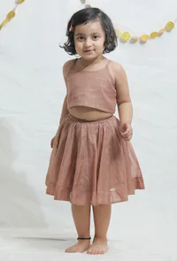 Set of 2: Light Brown Chanderi Blouse with Lehenga image 1