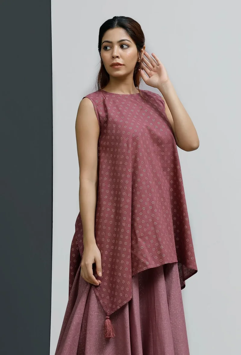 Plum Hand-Block Printed Asymmetrical Short Kurta