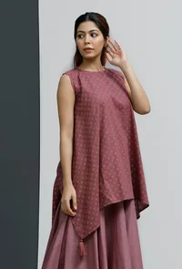 Plum Hand-Block Printed Asymmetrical Short Kurta image 1