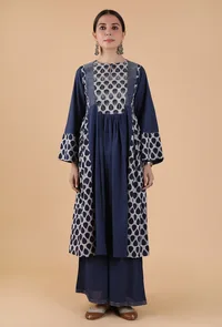 Set Of 2:Ramya Indigo Buta Printed Panelled Gathered Kurta & Palazzo Pants image 1