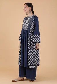 Set Of 2:Ramya Indigo Buta Printed Panelled Gathered Kurta & Palazzo Pants image 2