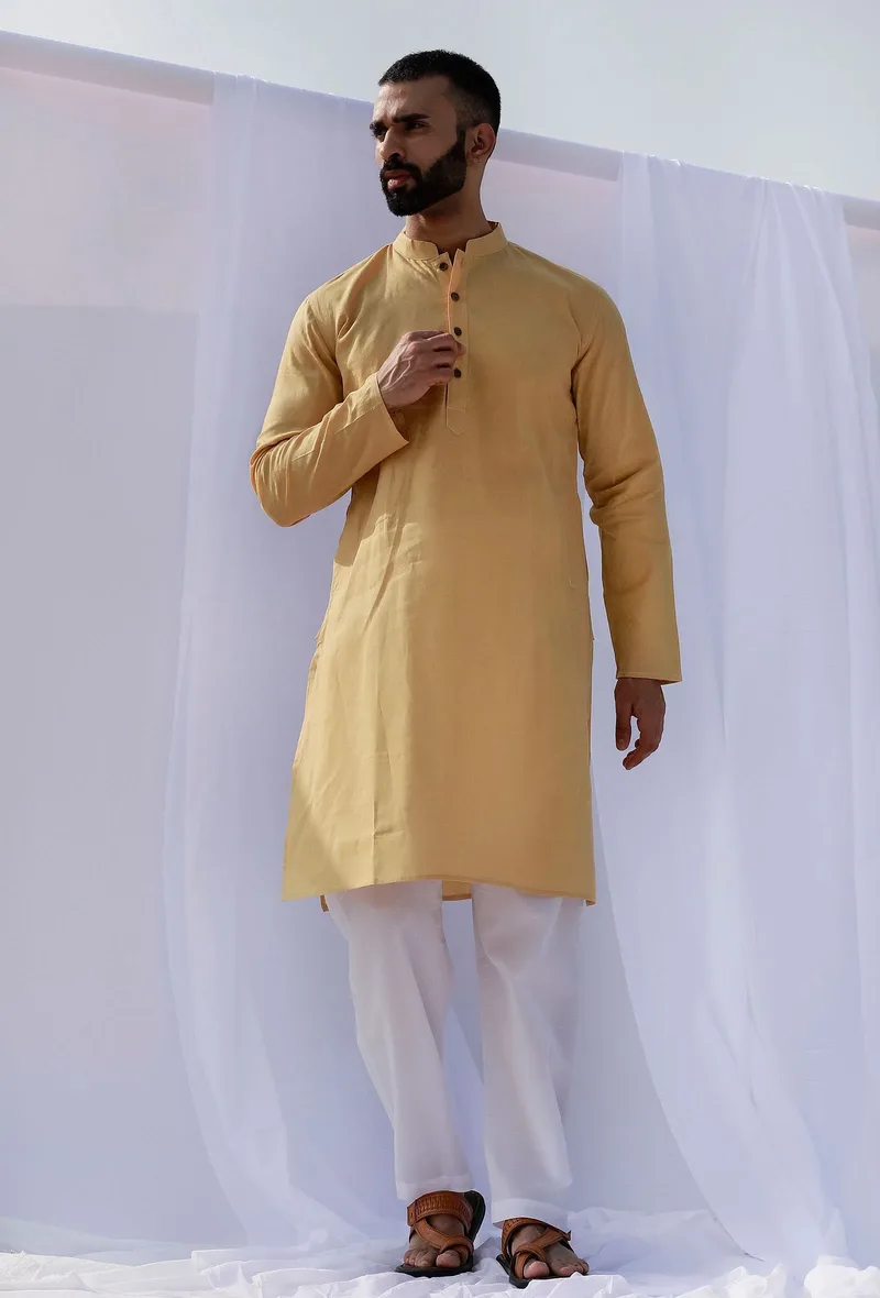 Set Of 2: Pastel Yellow Self Weave Cotton Kurta Pyjama Set