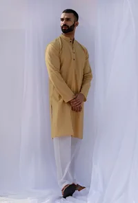 Set Of 2: Pastel Yellow Self Weave Cotton Kurta Pyjama Set image 2