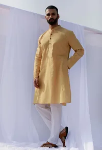 Set Of 2: Pastel Yellow Self Weave Cotton Kurta Pyjama Set image 3