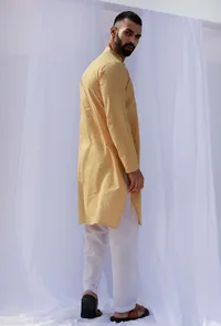Set Of 2: Pastel Yellow Self Weave Cotton Kurta Pyjama Set image 4
