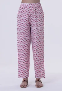 White Cotton Block Printed With Red Motif Pant image 1