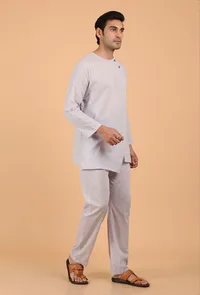 Grey Cotton Mulmul Short Kurta and Pant image 2