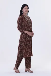 Brown & Multicolor Cotton Block Printed Kurta image 2