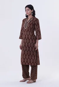 Brown & Multicolor Cotton Block Printed Kurta image 3