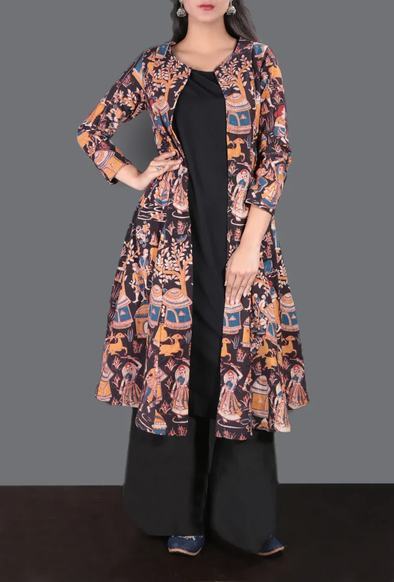 Set of 3 - Kalamkari Cape with Black Maxi Dress And Palazzos