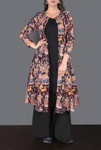 Set of 3 - Kalamkari Cape with Black Maxi Dress And Palazzos image 1