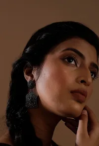 Teal Stone Tribal Motif Brass Tribal Earrings image 1