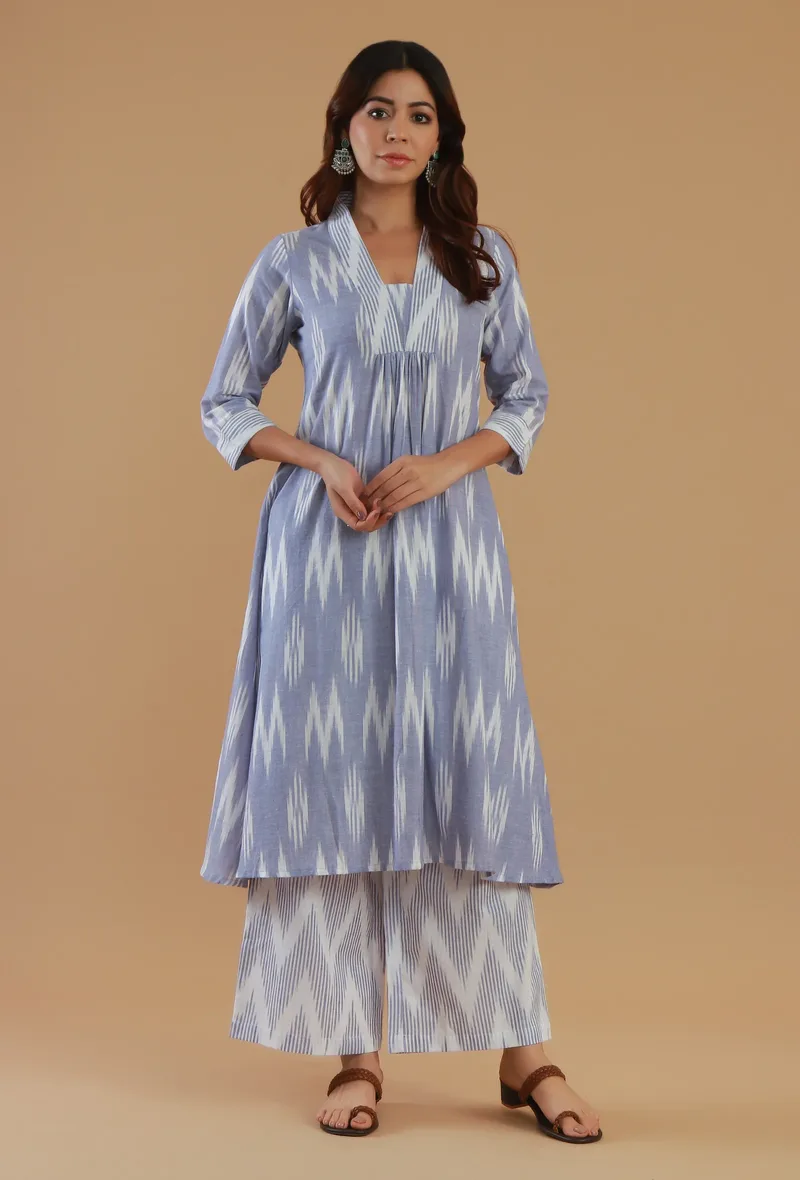 Blue Ikat Cotton V-Neck Kurta