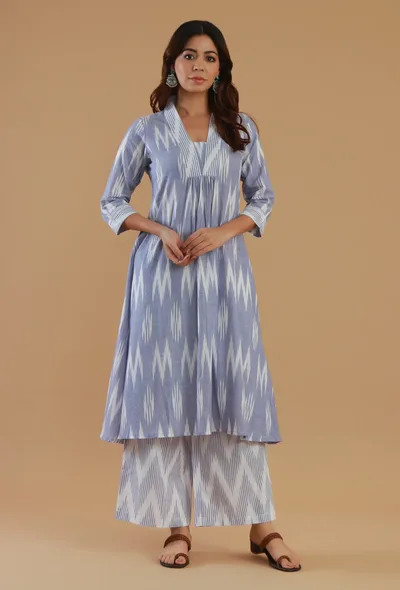 Blue Ikat Cotton V-Neck Kurta