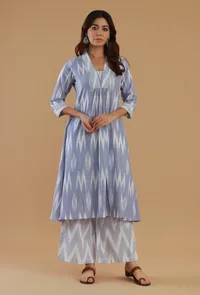 Blue Ikat Cotton V-Neck Kurta image 1
