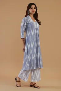 Blue Ikat Cotton V-Neck Kurta image 2