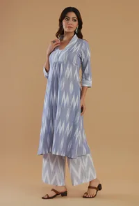 Blue Ikat Cotton V-Neck Kurta image 3