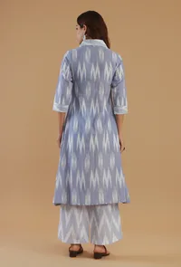 Blue Ikat Cotton V-Neck Kurta image 4