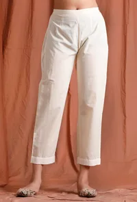 Off White Cotton Pants With Tone On Tone Stripe Border image 1