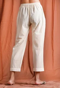 Off White Cotton Pants With Tone On Tone Stripe Border image 2